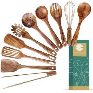 10 Pack Wooden Utensils for Cooking, Wood Utensil Set for Kitchen, Teak Wooden Spoon for Cooking, Non-Stick Spatula Ladle