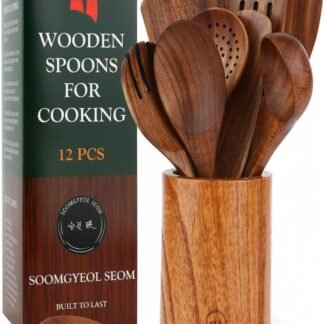100% Natural Teak Wood Wooden Utensil Set – 12 Pcs Cooking Tools with Large Spoon Holder & Rest – Non-Stick, Heat Resistant, Durable, Food-Safe & Eco-Friendly Kitchen Gadgets