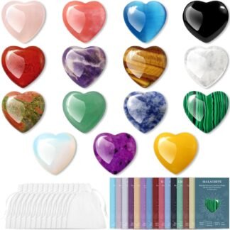 15Pcs Heart Crystals and Healing Stones Bulk, 0.8" Natural Polished Heart Shaped Rocks Gemstones with Meaning Cards for Meditation Balancing Chakra Reiki Spiritual Valentines...