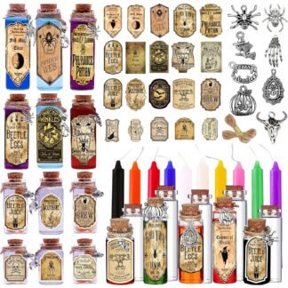 174 Pcs Apothecary Bottles with Cork, Indoor Witchcraft Supplies - Halloween Decorations with Labels, Pendants, Candles, Eye Screws, Twines for Tiered Tray Decor