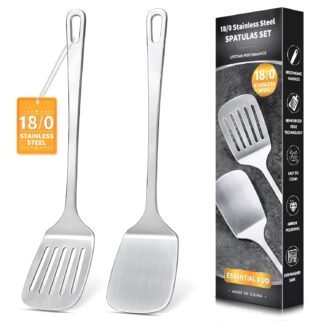 2 Pcs Stainless Steel Spatulas Set, Metal Spatula Solid & Slotted Turner, Heavy Duty Sturdy Spatula for Kitchen Use, High Heat Resistant Cooking Utensils for Fish Eggs Pancakes,...