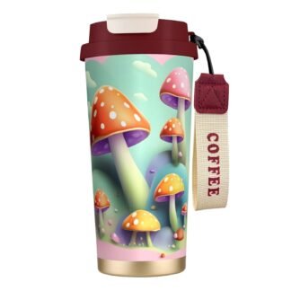 316 Stainless Steel Dreamy Little Mushroom Double Drink Coffee Cup Red, Insulated Travel Mug with Straw, Portable