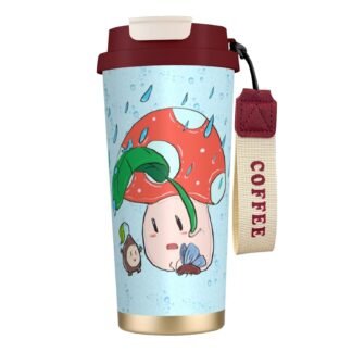 316 Stainless Steel Sunflower seeds and mushroom Double Drink Coffee Cup Red, Insulated Travel Mug with Straw, Portable