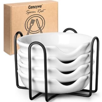 4 Pack Ceramic Spoon Rest with Metal Holder, Gencywe 4.8 inch Spoon Holder for Kitchen, for Stove Top, Coffee Spoons, Ladles, Tong, Cooking Utensil Rest, Housewarming Gifts