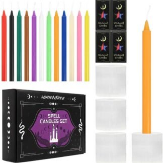 48 Colored Taper Candles with 4 Selenite Candle Holders, 6.3" Height & 0.5" Diameter- Witchcraft Candle Set for Rituals, Spell, Meditation, Energy Healing, Wicca & Witchy Decor