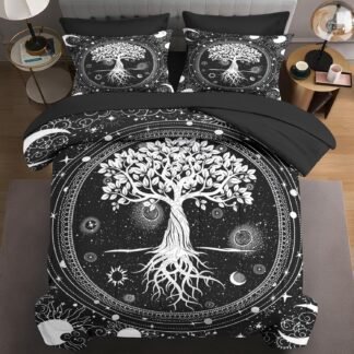 7 Pcs Queen Size Comforter Set with 2 Pillowcases & 2 Shams, Black Gothic Tree of Life Bedding for Kids and Adults, Nature Sun and Moon Bed in a Bag with Flat Fitted Sheet