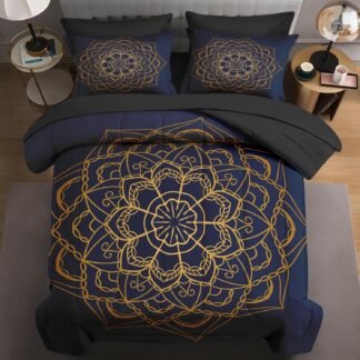 7 Pcs Queen Size Comforter Set with 2 Pillowcases & 2 Shams, Black Yellow Blue Mandala Bedding for Kids and Adults, Boho Bohemian Floral Bed in a Bag with Flat Fitted Sheet