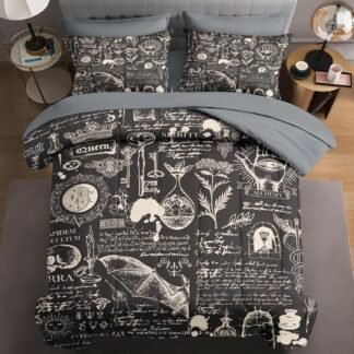7 Pcs Queen Size Comforter Set with 2 Pillowcases & 2 Shams, Chemistry Science Bedding for Kids and Adults, Vintage Medieval Bat Bed in a Bag with Flat Fitted Sheet