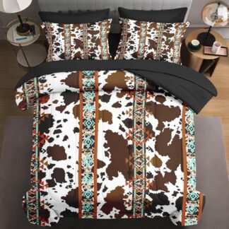 7 Pcs Queen Size Comforter Set with 2 Pillowcases & 2 Shams, Cow Brown Cowhide Bedding for Kids and Adults, Animal Vintage Retro Bed in a Bag with Flat Fitted Sheet