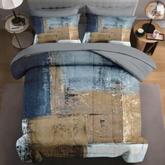 7 Pcs Queen Size Comforter Set with 2 Pillowcases & 2 Shams, Grey Brown Painting Bedding for Kids and Adults, Beige Contemporary Bed in a Bag with Flat Fitted Sheet