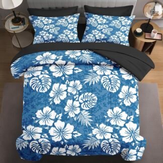 7 Pcs Queen Size Comforter Set with 2 Pillowcases & 2 Shams, Hibiscus Surf Beach Bedding for Kids and Adults, Hawaiian Blue Flower Bed in a Bag with Flat Fitted Sheet