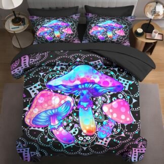 7 Pcs Queen Size Comforter Set with 2 Pillowcases & 2 Shams, Hippie Mushroom Bedding for Kids and Adults, Dream Mandela Colorful Bed in a Bag with Flat Fitted Sheet