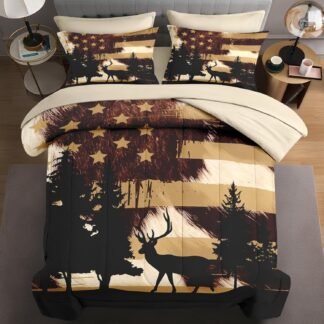 7 Pcs Queen Size Comforter Set with 2 Pillowcases & 2 Shams, Retro Hunting Deer Bedding for Kids and Adults, American Flag Animal Cow Print Bed in a Bag with Flat Fitted Sheet