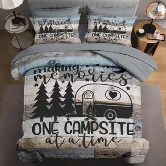 7 Pcs Queen Size Comforter Set with 2 Pillowcases & 2 Shams, Retro Wood Camp Camper Bedding Set for Kids and Adults, Inspirational Motivational Bed in a Bag with Flat Sheet and...