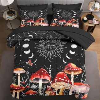 7 Pcs Queen Size Comforter Set with 2 Pillowcases & 2 Shams, Sun Moon Boho Mushroom Bedding for Kids and Adults, Astrology Tarot Witch Bed in a Bag with Flat Fitted Sheet
