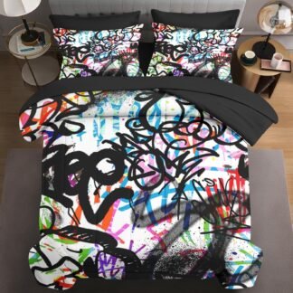 7 Pcs Queen Size Comforter Set with 2 Pillowcases & 2 Shams, Urban Skateboard Bedding for Kids and Adults, Music Abstract Graffiti Bed in a Bag with Flat Fitted Sheet
