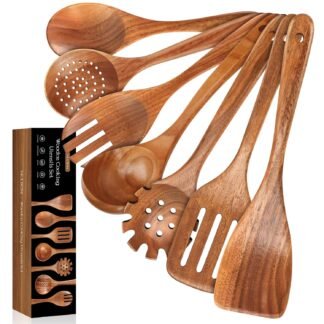 7 PCS Wooden Spoons for Cooking Natural Teak Kitchen Utensils Smooth Non-Stick Surface Cooking Utensils Set Soft Comfort-Grip Wooden Utensils for Cooking