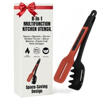 8-in-1 Silicone Kitchen Utensil Turner Spatula Spoon Tongs for Cooking - Nonstick Heat-Resistant Spoon Spatula, Slotted Turner, Server, Slicer, Masher, Pasta Fork and Herb...