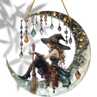 8x8 inch Charming Moonlight Witch Acrylic Stained Glass Window Hanging Sun Catcher Decor Stained Panel Hangings Wall Art Decor, for Friends and Family (Moonlight Witch)