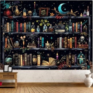 Accnicc Magic Bookshelf Tapestry Magical Witchy Potion Dark Hippie Haloween Tapestries Wall Hanging Gothic Skull Black Cat Library Book Tapestry for Bedroom Living Room Dorm 80...