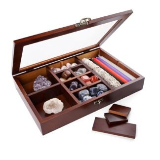 Adjustable Rock Display Case, Crystal Collection Box with Shelves, Wood Witchy Stones Organizer Storage,Gem Holder with Lid for Seashell, Collectibles, Wiccan Gift (Brown)