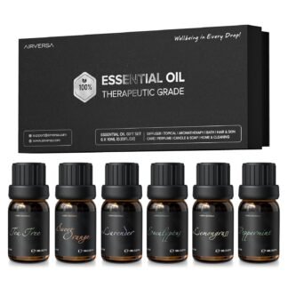Airversa Top 6 Aromatherapy Oils Set-6 Packs, 10mL (Eucalyptus, Lavender, Lemon Grass, Sweet Orange, Peppermint, Tea Tree) - 0.34 Fl.Oz x 6