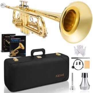AKLOT Hand-Hammered Bell Bb Trumpet: Smooth Valve Action, Clear-Lacquered Brass Body, Standard Trumpet Beginner Set with Leather Case, Lesson Book, Trumpet Mute, Mouthpiece,...