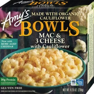 Amy's Frozen Meals, Macaroni and 3 Cheese Pasta Bowl, Made With Organic Rice and Cauliflower, Gluten Free Microwave Meals, 8.25 Oz