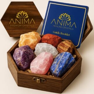 Anima Premium 7 Chakra Healing Crystals Set for Energy Alignment - Large Raw Amethyst, Rose Quartz, Citrine, Lapis Lazuli, Clear Quartz, Tigers Eye & Red Jasper - Wooden Gift...