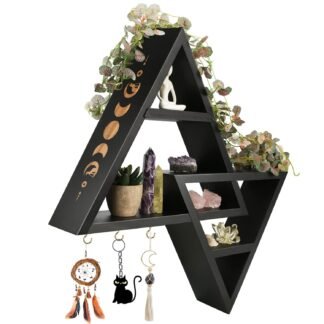 ANROYE Moon Phases Triangle Shelf with Hooks, Wiccan Black Wood Crystal Shelves for Storage Women Jewelry Gem Stone, Pagan Pyramid Geometrical Decor Holder Display for Altar...
