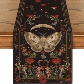Artoid Mode Poppy Moth Mushroom Moon Fall Table Runner, Seasonal Autumn Kitchen Dining Table Decoration for Home Party Decor 13x72 Inch