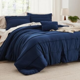 Bedsure Queen Comforter Set - 4 Pieces Pinch Pleat Bed Set, Navy Blue Boho Bedding for All Season, 1 Soft Comforter, 2 Pillowcases, 1 Decorative Pillow