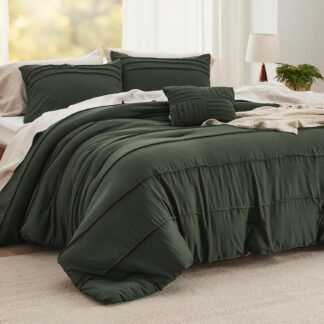 Bedsure Queen Comforter Set - 4 Pieces Pinch Pleat Bed Set, Olive Green Boho Bedding for All Season, 1 Soft Comforter, 2 Pillowcases, 1 Decorative Pillow