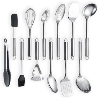 Berglander Cooking Utensil Set 12 Piece Stainless Steel Kitchen Tool Set, Include Cooking Spoon, Spatula, Whisk, Cooking Tong and etc (12 Pieces)