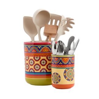 Bico Tunisian Ceramic Utensil Holder Set of 2, Ceramic Kitchen Utensil Crocks for Countertop, Large Cooking Tool Holder Counter Decor, Spatula Organizer