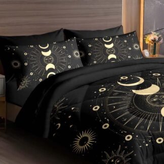 Black Galaxy Comforter Queen - Boho Witchy Hippie Starry Galaxy Goth Bedding - 7 Pieces Lightweight Rust Sun Moon Comforter Set