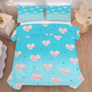 Blue Heart Shaped Comforter Set Twin Size Gradient Bedding for Kids Girls Teen Bedroom Decor Love Aesthetic Quilt Bed Sets, 1 Comforter 1 Pillowcase