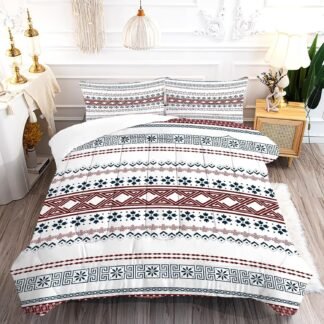 Boho Aztec Comforter Set Queen, Bohemian Striped Bedding for Kids Boys Girls Bedroom, Red and White Boho Aztec Pattern Quilt Sets, 1 Comforter, 2 Pillowcases