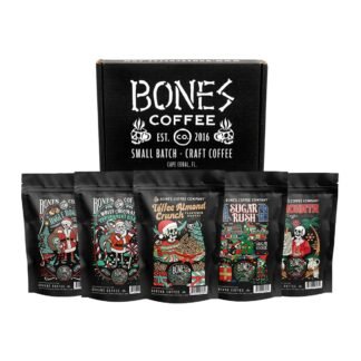 Bones Coffee Company Holiday Favorites Bundle, 5 Assorted Flavored Coffee Low Acid Medium Roast Arabica Beans Specialty Coffee Gifts, Auto Drip and French Press Compatible, 4 oz...