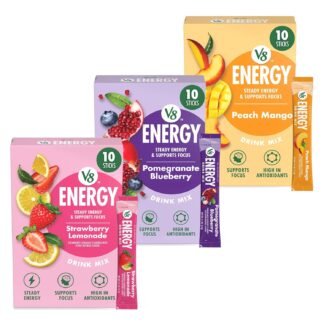 Bundle of V8 Energy Strawberry Lemonade, Peach Mango, & Pomegranate Blueberry Energy Drink Powder, .10 oz Packet (30 Count)