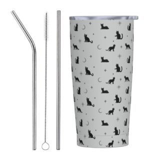 Cat Tumbler Cup with Lid and Straw, 20 Oz Stainless Steel Insulated Mug, Black Cat Gifts for Men Women