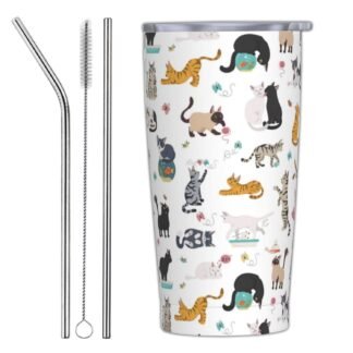 Cat Tumbler With Lid and Straw, 20 Oz Stainless Steel Insulated Water Bottle Coffee Mug, Gifts for Cat Lovers