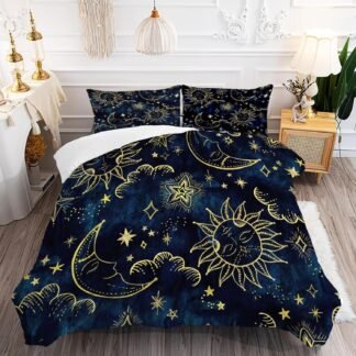 Celestial Comforter Set Queen Size Blue Gold Sun and Moon Boho Bedding for Kids Adult Women Teens Universe Galaxy Bohemian Exotic Gothic Quilt 1 Comforter + 2 Pillow Cases