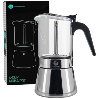Coffee Gator 4 Cup Moka Pot, 6.7oz Stovetop Espresso Maker for Italian Coffee, Transparent Glass & Stainless Steel Design, Silver, 200ml