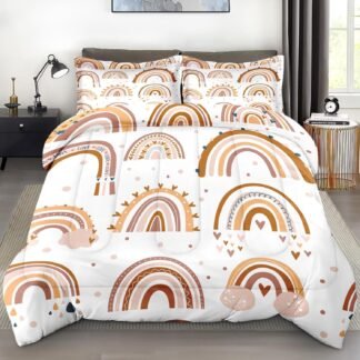 Comforter Set Full Size, Boho Rainbow Pink Soft 3 Pcs Bedding for Kids and Adults, Love Colorful Nursery Comforter Set with 2 Pillowcases, for Bedroom Bed Decor