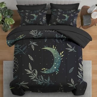 Comforter Set Full Size, Green Boho Space 7 Pcs Bedding for Kids and Adults, Herbs Witch Floral Bed Sheet Sets with Fitted Sheet 2 Pillowcases & 2 Shams for Bedroom Bed Decor