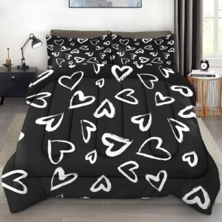 Comforter Set Full Size, Love Valentine Cute Soft 3 Pcs Bedding for Kids and Adults, Polka Heart Black White Comforter Set with 2 Pillowcases, for Bedroom Bed Decor