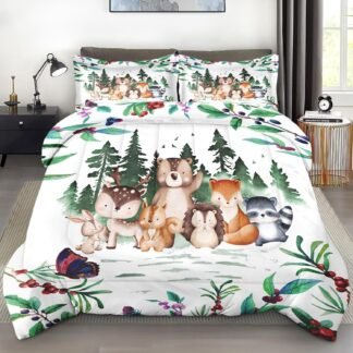 Comforter Set Full Size, Safari Woodland Animal Bird Soft 3 Pcs Bedding for Kids and Adults, Fox Cute Bear Jungle Comforter Set with Pillowcase, for Bedroom Bed Decor