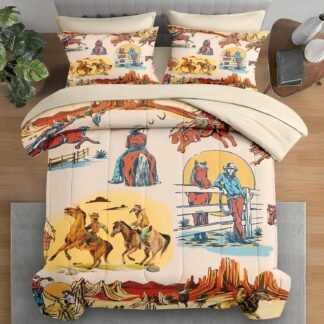 Comforter Set Full Size, Western Cowboy Retro Colorful 7 Pcs Bedding for Kids and Adults, Vintage Horse Cowgirl Bed Sheet Sets with Fitted Sheet 2 Pillowcases & 2 Shams for...