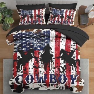 Comforter Set Queen Size, Cowboy Horse Flag 7 Pcs Bedding for Kids and Adults, Western Country Farm Bed Sheet Sets with Fitted Sheet 2 Pillowcases & 2 Shams for Bedroom Bed Decor